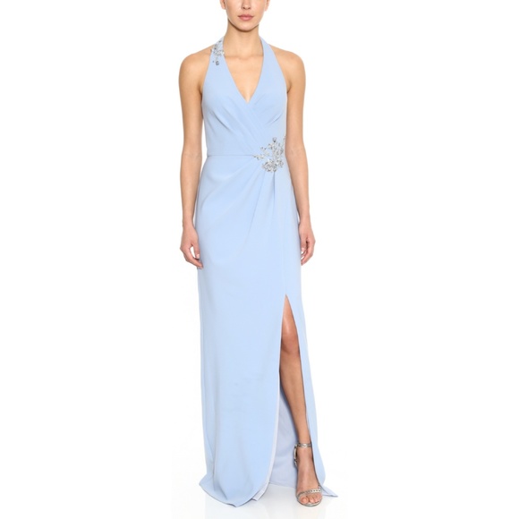 Marchesa Notte Halter V-Neck Embellished Crepe Gown - Picture 1 of 12